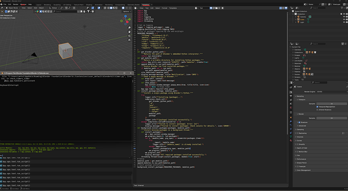Espace Scripting de Blender avec l’éditeur de texte et Exécuter le script