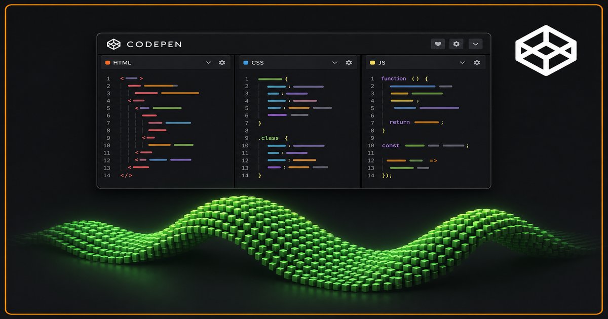 CodePen demos collection — editor panes and a Three.js-style wave grid (featured art for this post)