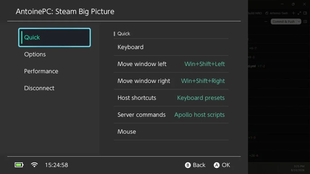 Artemis quick menu — host shortcuts and keyboard presets while streaming Steam Big Picture