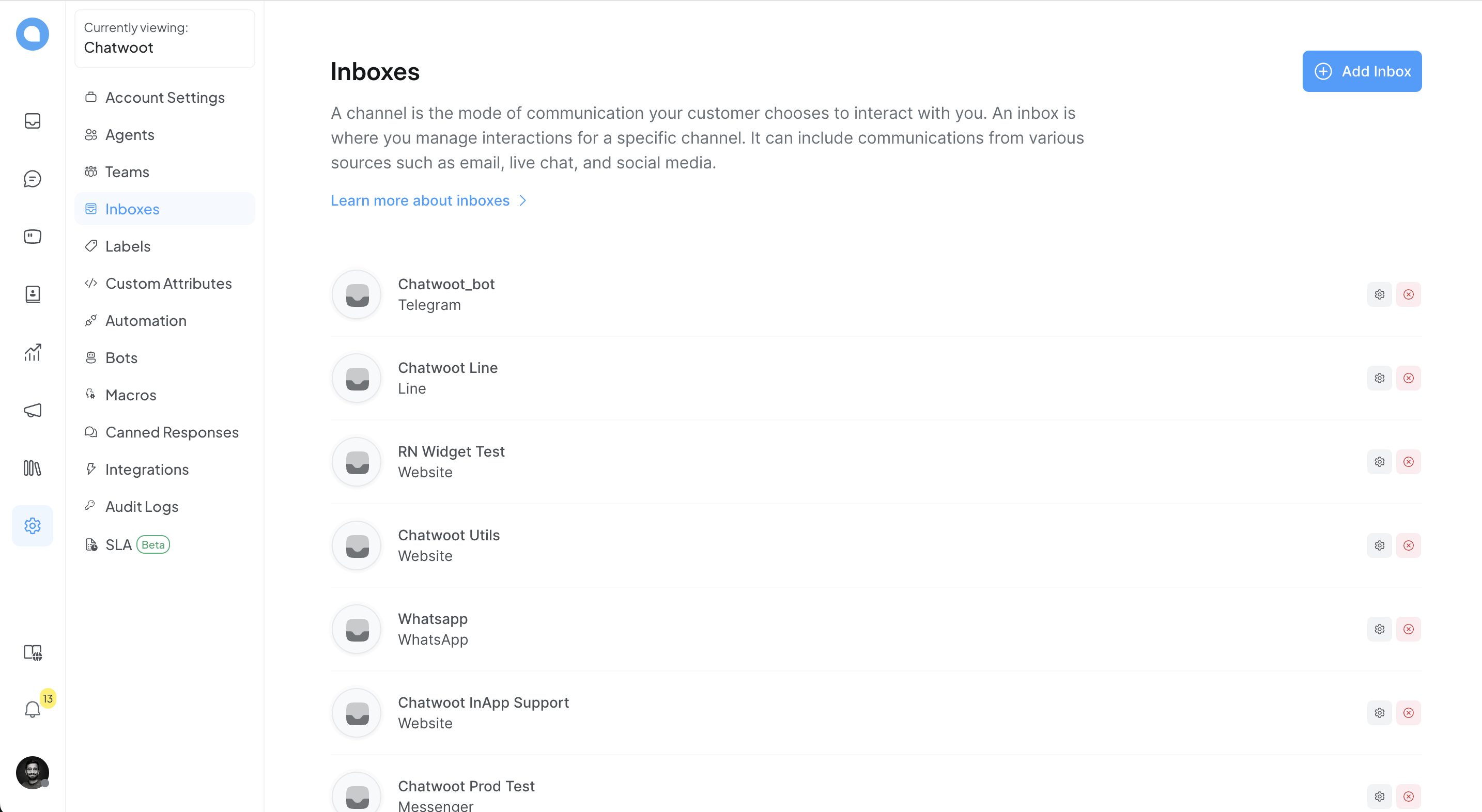 Chatwoot agent inbox — unified conversations view (screenshot from the open-source project, 2024 UI refresh)