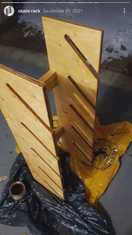 Plywood skate rack frame during assembly
