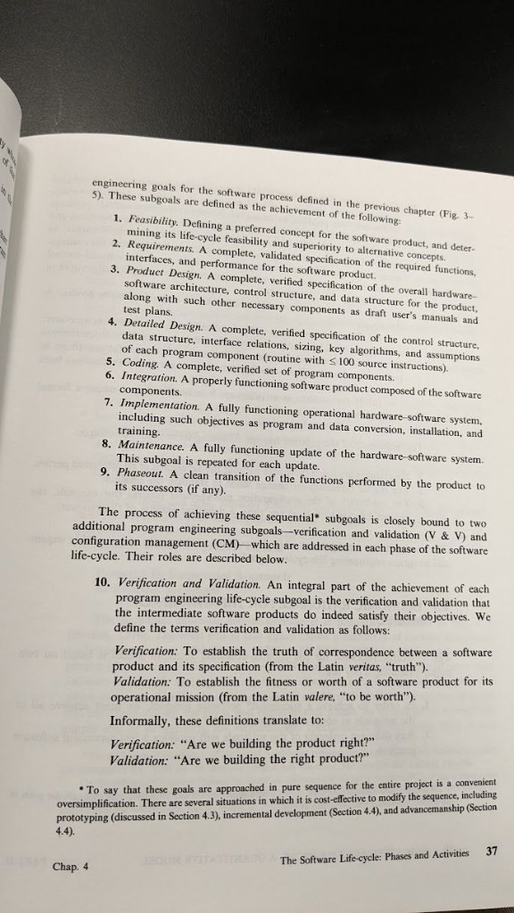 Page de texte listant neuf sous-objectifs du cycle de vie et les définitions vérification vs validation